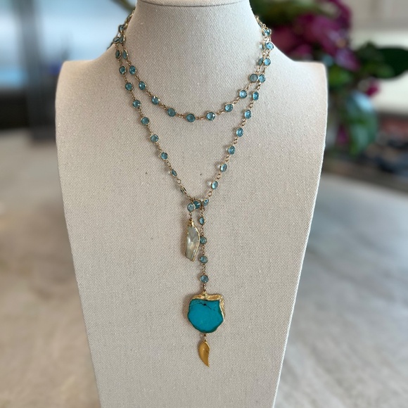 One of a kind Turquoise, Baroque Pearl & Aquamarine Lariat Necklace - Picture 7 of 9